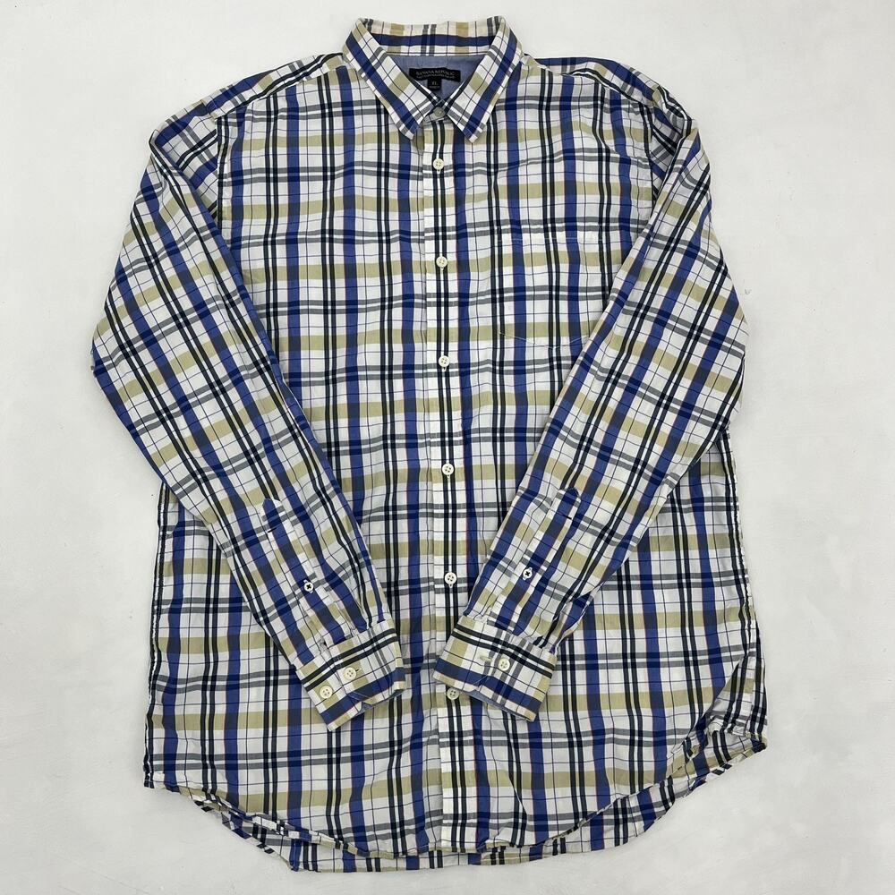 Banana Republic Mens XL Button Up Shirt White Blue Plaid Tailored‎ Slim Fit
